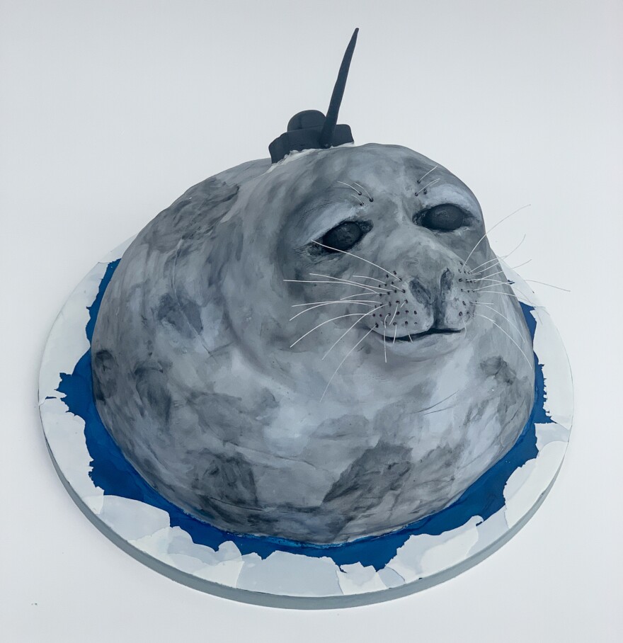 No, the Weddell seal in this cake doesn't have a narwhal tusk. It's sporting a tracking device that transmits data about the salinity, temperature and water currents in the Southern Ocean. The devices are typically attached with epoxy, but "this fondant tracking device was secured to its chocolate cake Weddell seal with royal icing," McAdoo says.