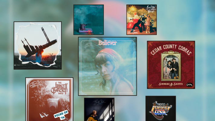 Artwork for four albums and three singles displayed in black square frames over a blurry blue-green background. In the top row from left to right: A person carrying a marimba on their back with the sun setting behind them, a hazy blue-green tinted photo of a woman wearing a red bandana, two people holding an upright bass and acoustic guitar inside a gold frame with red around it. In the bottom row from left to right: A woman in a dress with her arms above her head, a woman in a dark room with sun coming through a window, a pot on a hot plate with steam rising from it, and hard to make out red and white image of an amp with foliage around it.