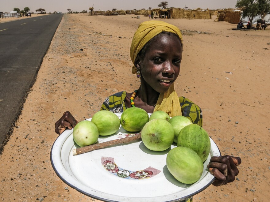 A girl sells vegetables in Assaga refugee camp. The Sahara-desert nation's main east-west highway, running through the heart of the camp, stretches out behind her.