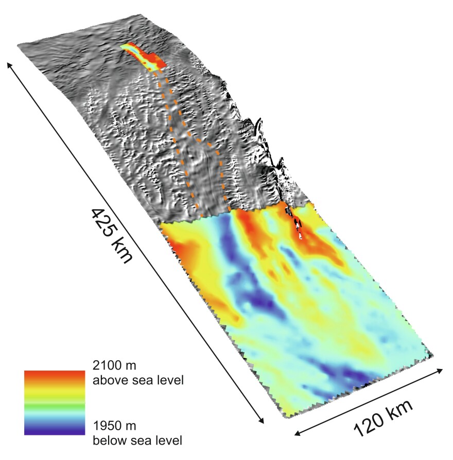 Gray terrain represents previously unrecorded areas beneath the ice in West Antarctica. The valley is demarcated by the dotted line.