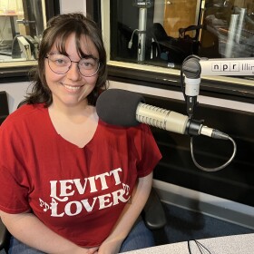 Bella Szabo at the mic in NPR Illinois Studio A
