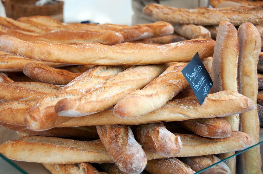 Baguettes on sale at the Edgar Quinet market in Paris.