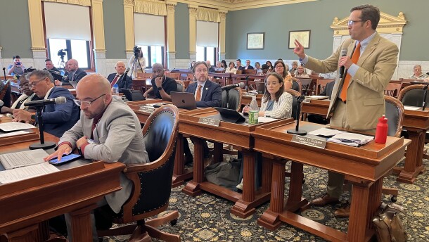 County legislator Gregg Eriksen, (D)-Skaneateles, makes a point during the floor debate of the law regarding filling vacancies on the legislature.