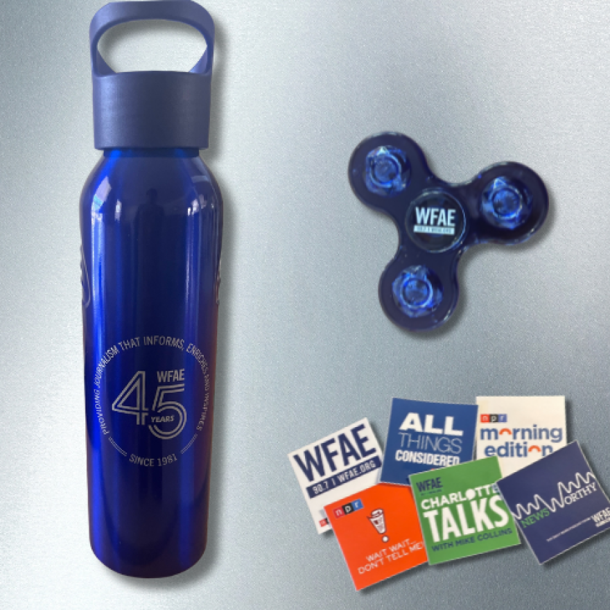 WFAE Thank You Gifts: Limited Edition 45th Anniversary water bottle, fidget spinner, and sticker pack