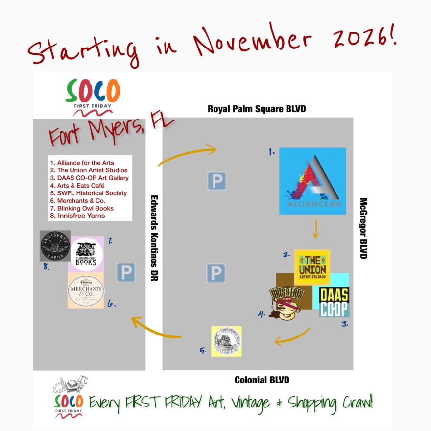Map showing location of the eight venues taking part in SoCo First Fridays art crawl.
