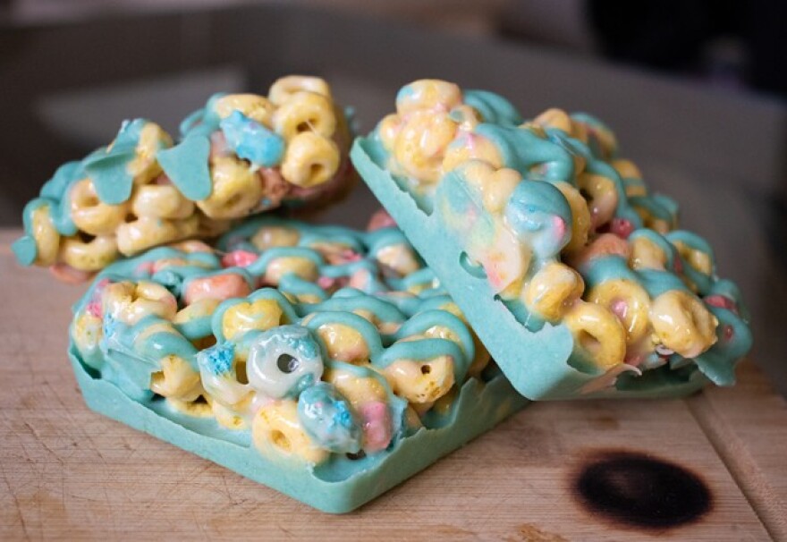 On the menu of infused sweets by Adriana Quinones: Peeps cereal bars made with cannabis-infused butter and marshmallows with a blue-dyed white chocolate drizzle.