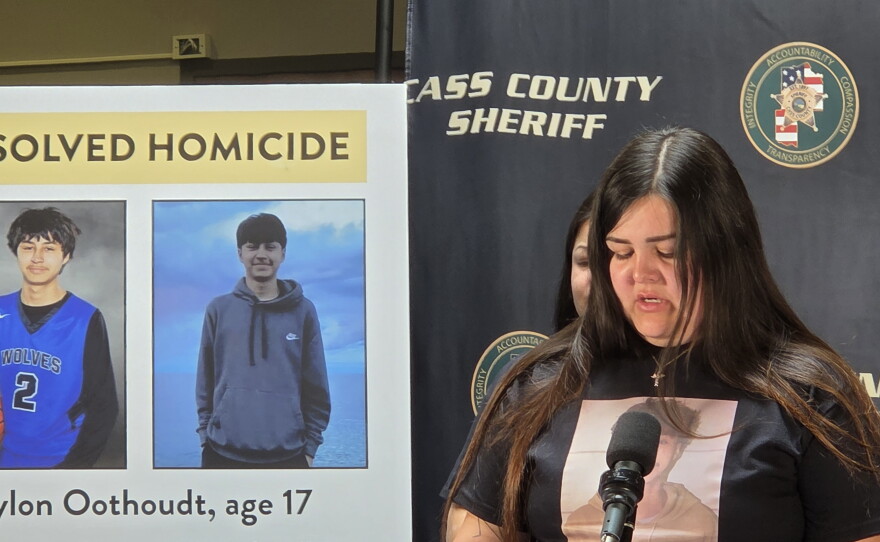 Rosa Oothoudt, 23, urges witnesses to come forward as the investigation into her brother's homicide continues. She speaks at a press conference at the Leech Lake Tribal Justice Center in Cass Lake on Oct. 7, 2026.