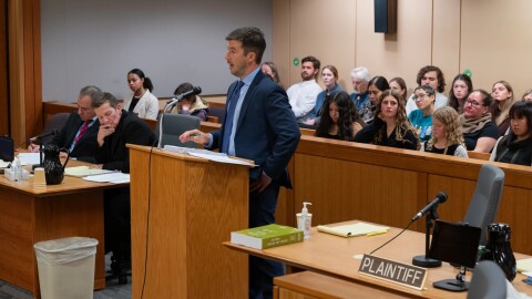 Our Children's Trust attorney Andrew Welle argues that the Alaska Constitution protects the right to a livable climate in an Anchorage courtroom on Oct. 15, 2024.