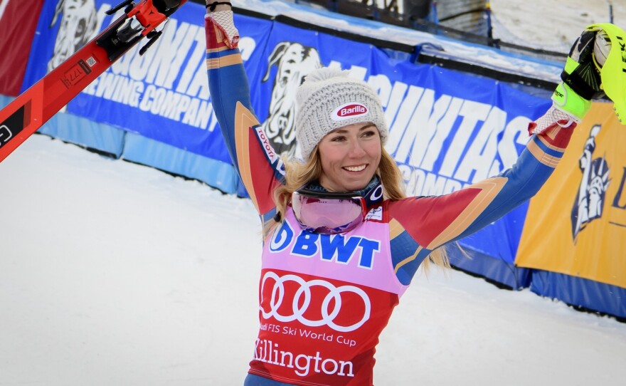 Mikaela Shiffrin celebrates her slalom win Sunday at the World Cup in Killington.