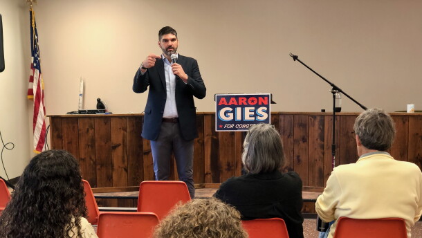 NY23 Democratic Party and Working Families Party candidate Aaron Gies speaks to town hall attendees in Campbell. Photo credit Natalie Abruzzo
