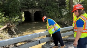 NYSDOT Commissioner Marie Therese Dominguez surveys damage to the Mill Creek Bridge in Stuyvesant.