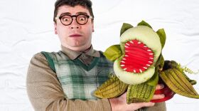 A person in glasses looking shocked with a plant puppet in one hand