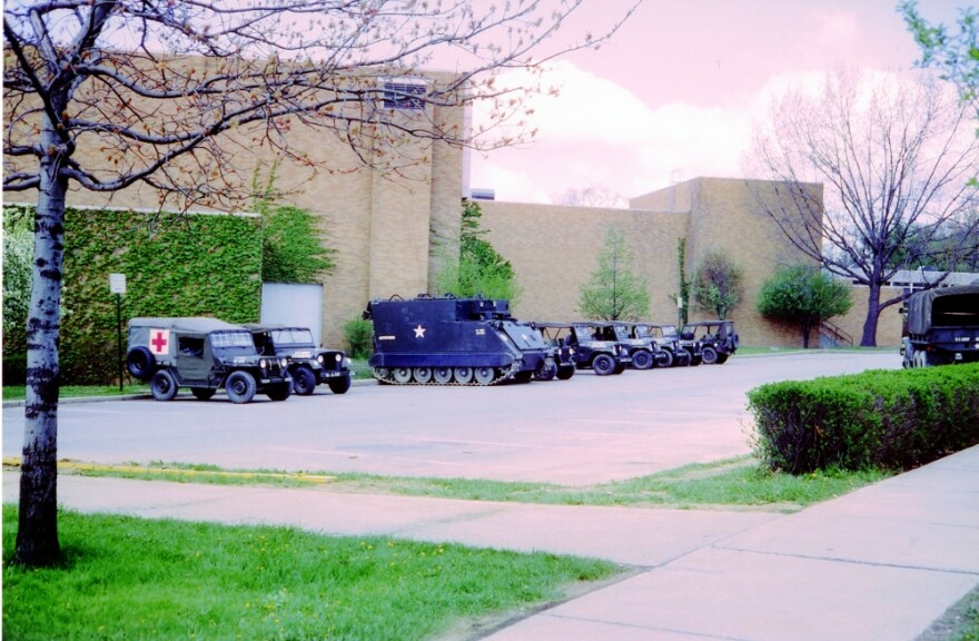 Armored personnel carriers parked on the Kent State campus