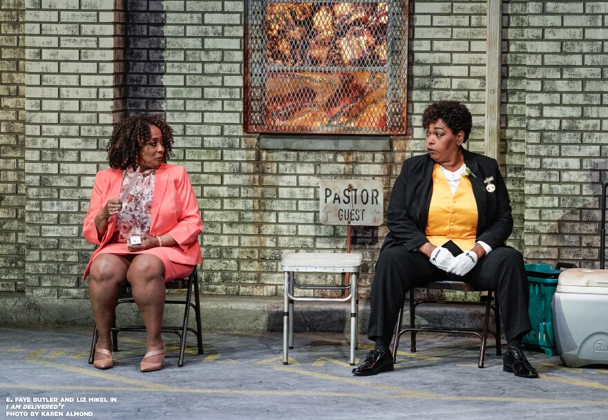 Formerly estranged, Breedlove (E. Faye Butler), left, and Sis (Liz Mikel) share a reconciliatory moment in the parking lot of New Jerusalem Missionary Baptist Church in Jonathan Norton's "I Am Delivered't," premiering in a production by Dallas Theater Center.