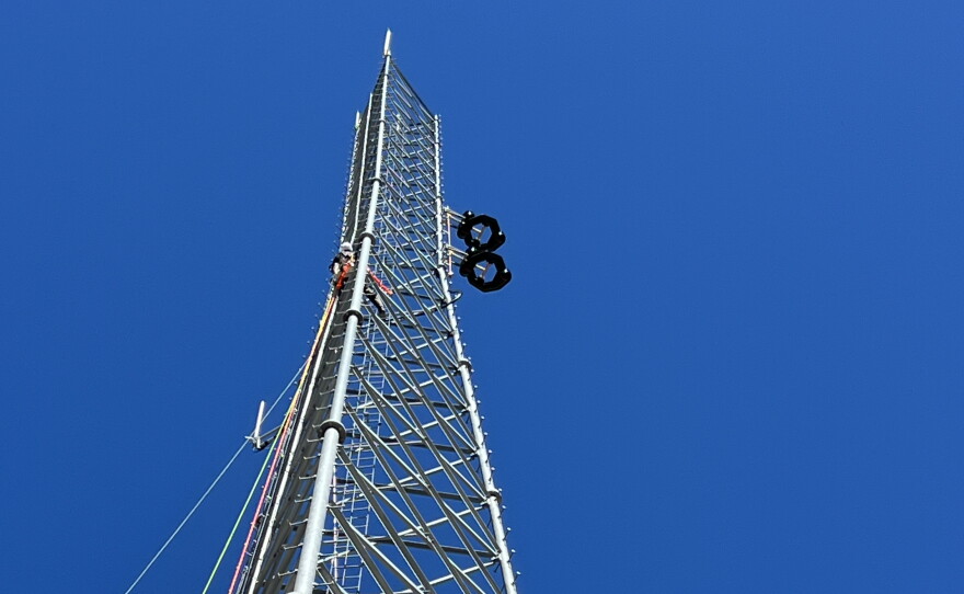 The new KISU FM antenna, the last component in KISU's 2026 tower project, is roughly 20 feet long. The antenna was hoisted into place and installed at 150 feet on the tower.