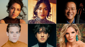 An orange and turquoise collage of six Celebrity Series artists.
