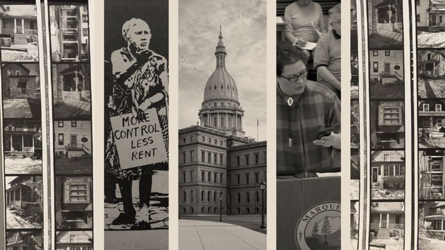 Header of rent control control story featuring protest pictures from the 80s and city council screenshots