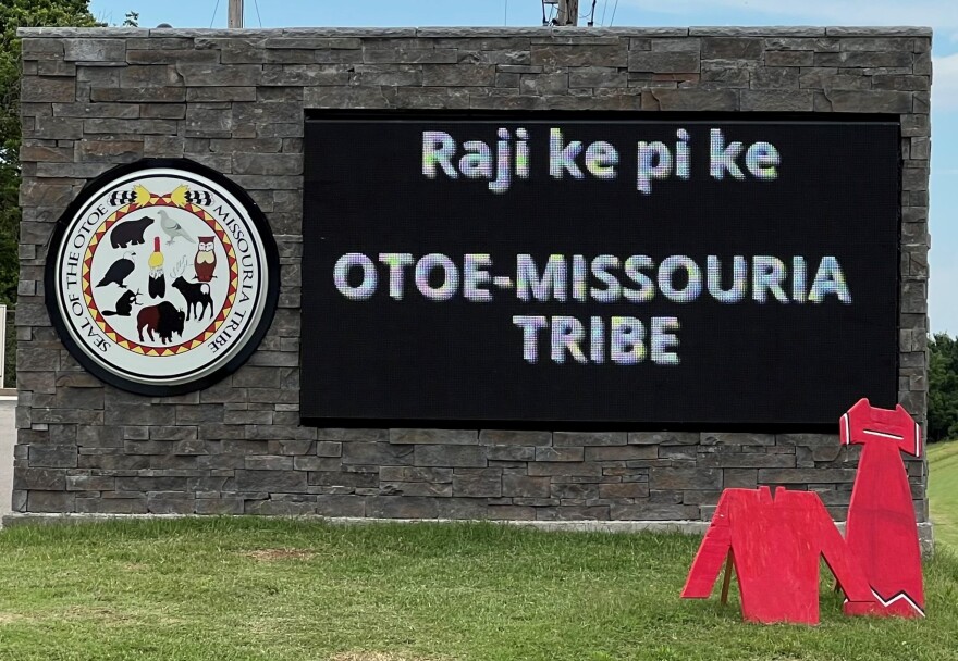 A red dress and shirt silhouette were placed outside of the Otoe-Missouria Tribe's tribal complex during May as a reminder of the Missing and Murdered Indigenous People's crisis.