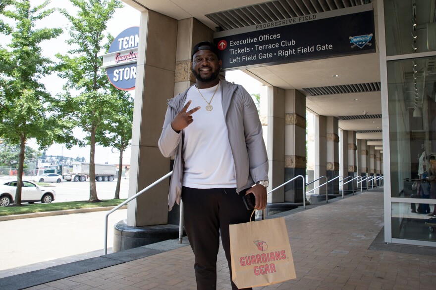 Cleveland resident Brian Tidwell stands outside the Cleveland Guardians Team Shop at Progressive Field on July 21, 2025. Tidwell believes Donald Trump has far more concerns in Cleveland than the name of the city's baseball team, such as its education system, the roads and healthcare.