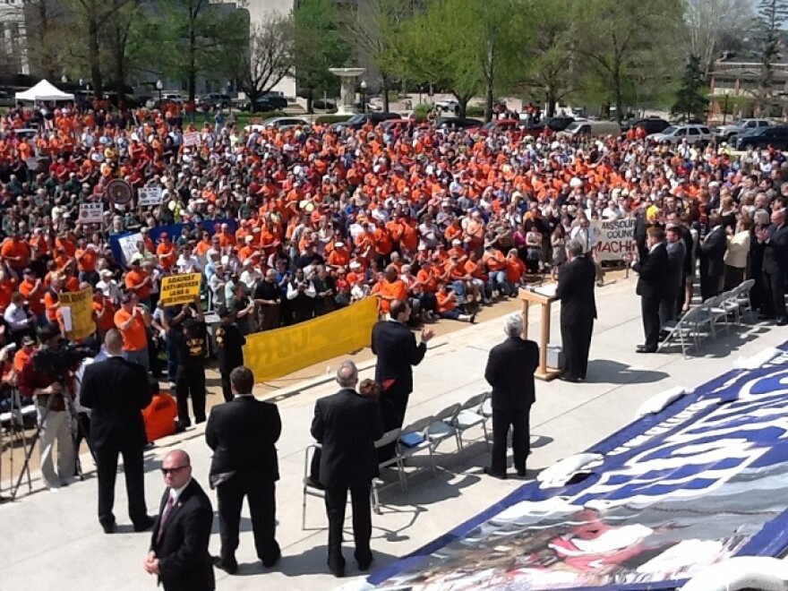 iPad photo of pro-labor union rally on March 27, 2012. Gov. Jay Nixon (D) is addressing the crowd.