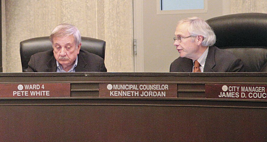 Oklahoma City Council member Pete White, left, and council attorney Kenneth Jordan in a council meeting at City Hall.