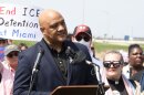 U.S. Rep. André Carson speaks outside the Miami Correctional Facility after speaking with Immigration and Customs Enforcement detainees inside the facility Thursday, April 9, 2026.
