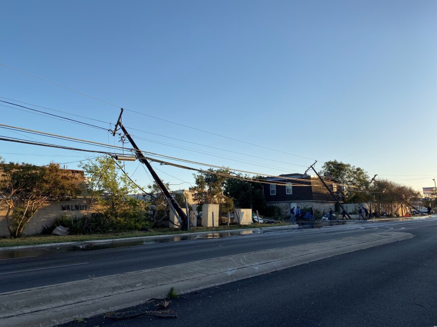 Power lines damaged in Northwest Dallas near Walnut Hill and Marsh Lane after Sunday's tornado.