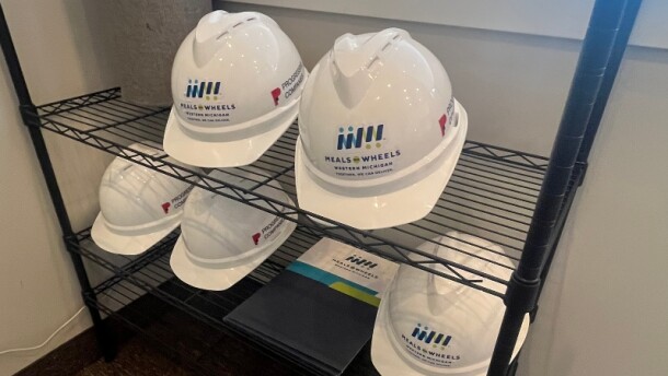 Hardhats for kitchen construction at Meals on Wheels Western Michigan