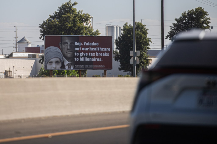 A political sign against U.S. Rep. David Valadao off of Highway 198 in Lemoore on Sept. 26, 2025.