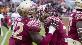 Florida State defensive back Raymond Woodie lll reacts to his interception and 51 yard return against Alabama State being called back for offensive holding in the second half of an NCAA college football game in Tallahassee, Fla., Saturday, Nov. 16, 2019. Florida State defeated Alabama State 49-12. (AP Photo/Mark Wallheiser)