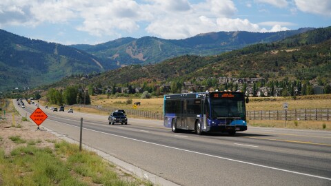 A High Valley Bus drives down state Route 224.