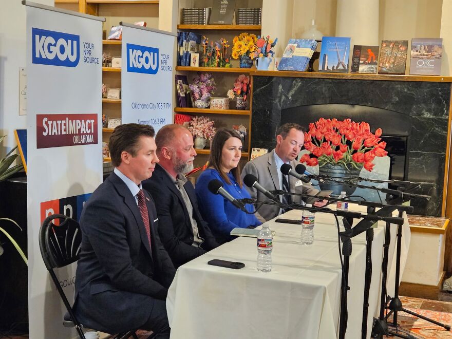 From left: State Senator Adam Pugh (R-Edmond), Deer Creek Superintendent Jason Perez, Oklahoma Voice's Nuria Martinez-Keel, and Logan Layden