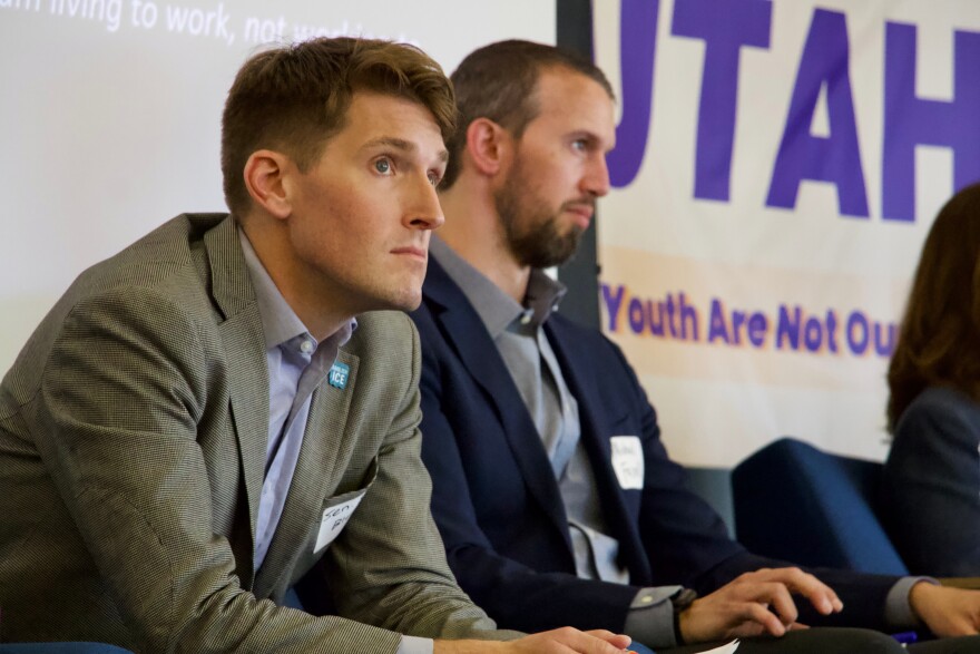 Utah state Sen. Nate Blouin, left, and tax attorney Michael Farrell speak on a panel of candidates running to represent Utah's new Democratic-leaning congressional district, March 21, 2026, in Taylorsville, Utah.