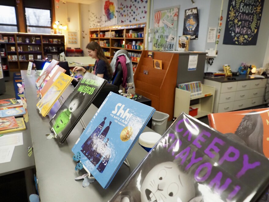 Books stand on display in the school library at Cleveland Elementary in Oklahoma City on March 6.