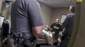 In this image taken from New York State Police body camera video that was obtained by WMTW-TV 8 in Portland, Maine, New York State Police interview Army reservist Robert Card, the man responsible for Maine's deadliest mass shooting, at Camp Smith in Cortlandt, N.Y., July 16, 2023.