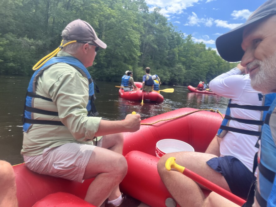 Pennsylvania state Sen. Dave Argall, left, rows down the Lehigh River, alongside RAFT for America founder Chris Newlon.