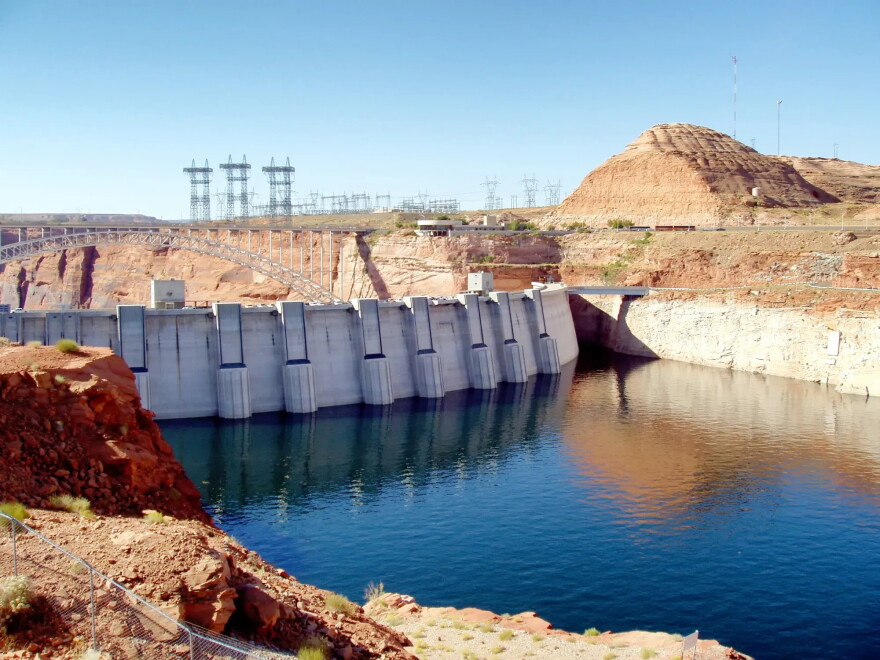 This view of Glen Canyon Dam on July 7, 2011, shows the effects of drought at Lake Powell, which is fed by the Colorado River.