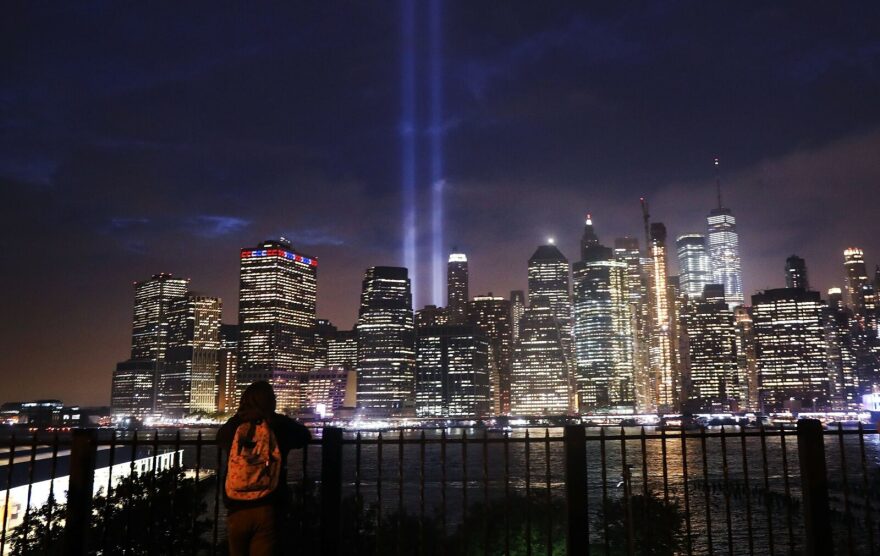 The 'Tribute in Light' memorial lights up lower Manhattan near One World Trade Center in New York City.