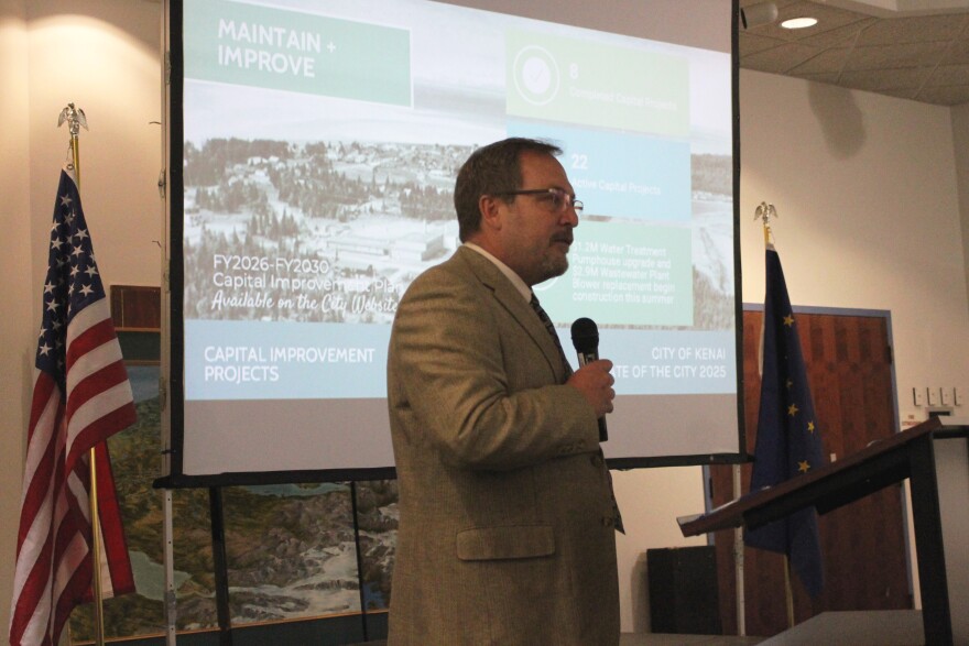 Kenai City Manager Terry Eubank delivers the 2025 State of the City address on Wednesday, Apr. 2, 2025 in Kenai, Alaska.
