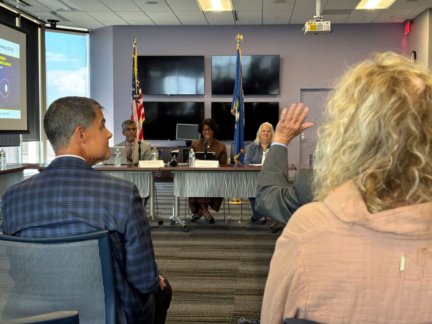 Education Commissioner Charlene Russell-Tucker greeted elected officials in the audience during the unveiling of the 2025-26 student test scores and attendance numbers on Aug. 31, 2026.