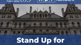 Stand Up for Public Media. WRVO and NPR Network logos above the New York State Capitol building.