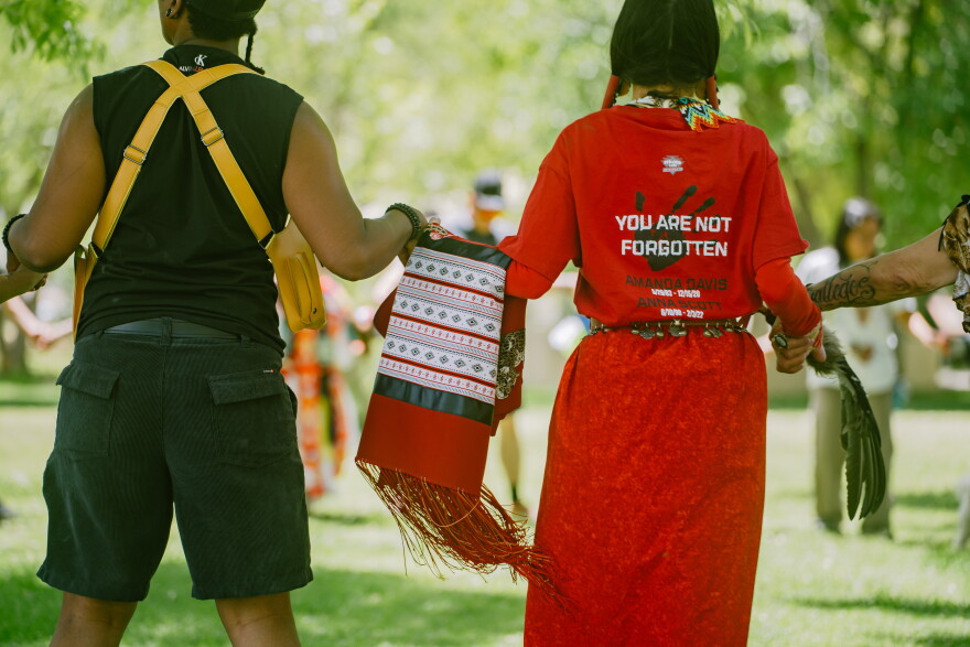 Attendees of fifth annual MMIWR Prayer Walk participate in an inter-tribal dance, on Sunday, May 3, 2026, at Floyd Lamb Park in Las Vegas.