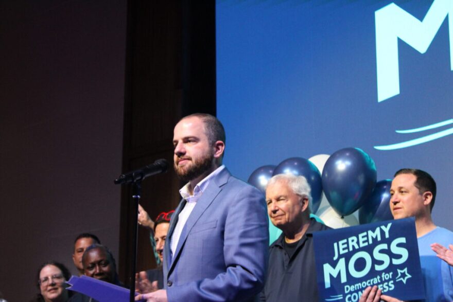 State Sen. Jeremy Moss (D-Bloomfield) addresses supporters after clinching the Democratic nomination for the 11th Congressional District on Aug. 4, 2026.