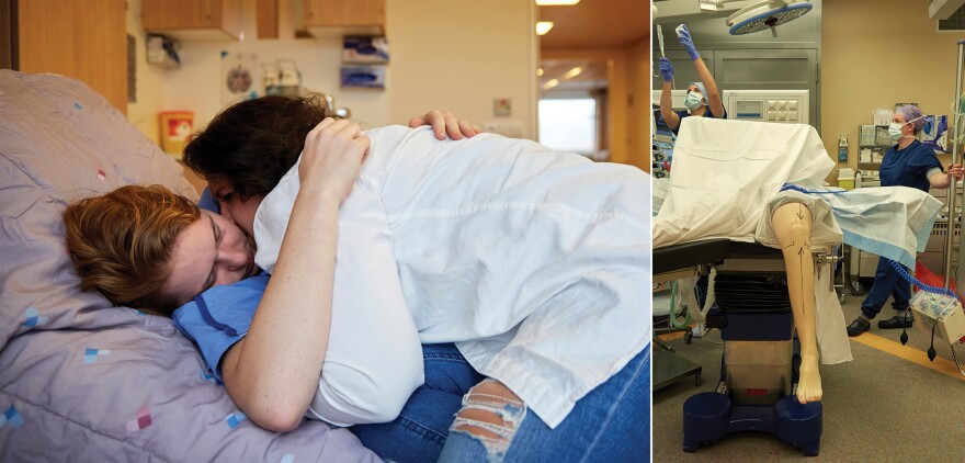 <strong>Left:</strong> Dominique Sjerps, the quarterback for the Zwolle Blue Jays, hugs her girlfriend, Ricky Tol, just before being taken into an operating room in a hospital in Zevenaar, Netherlands, to have tendons in her left knee repaired in November 2021. <strong>Right:</strong> Sjerps insisted on a local rather than a general anesthetic so that she could watch the operation on a monitor.