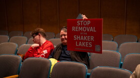 Cleveland Heights resident Michael Collins shows support for Shaker Lakes at an Ohio Enviornmental Public Hearing on Tuesday, September 22nd, 2026. The Ohio EPA is considering a project, lead by the Northeast Ohio Regional Sewer district to remove a portion of the Doan Brook dam, restore the stream and surrounding wetlands.