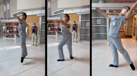 Three vertical images of a medical worker, wearing scrubs, in various ballet positions in the lobby of a hospital.