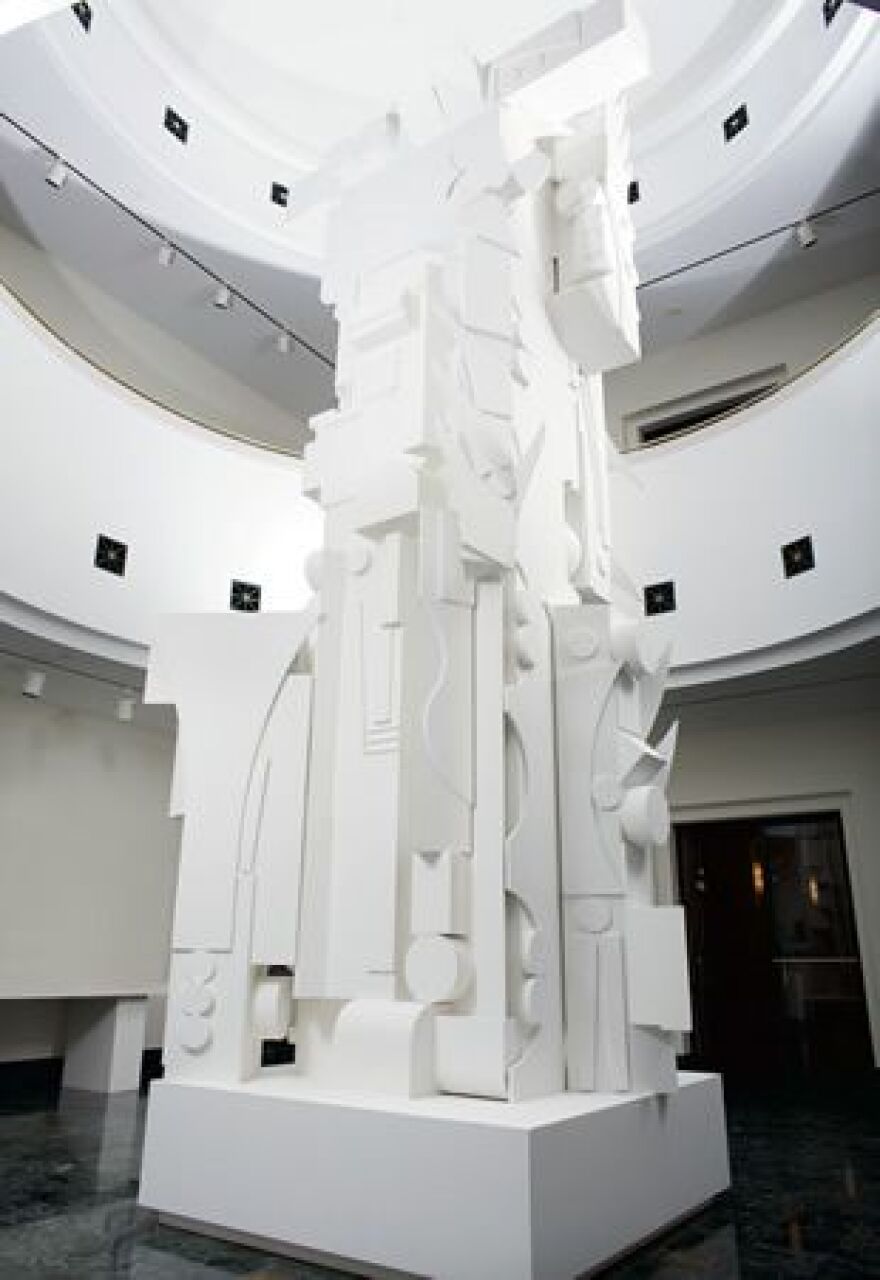 One of the 'Dawn's Forest' towers by Louise Nevelson on view in Hayes Hall at Artis-Naples.