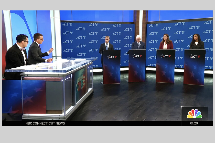 The four candidates running in the Democratic primary for Connecticut's 1st Congressional District participated in a forum hosted by NBC CT. The candidates from left to right: former Hartford Mayor Luke Bronin, U.S. Rep. John Larson, CT state Rep. Jillian Gilchrest, and Hartford Board of Education member Ruth Fortune.