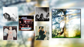 A display with artwork for six music releases in six black frames. One is much larger than the others and has a hazy image of a tree in it. That square fills up the right part of the image, and the background of the full image is a blurry version of the same image. In the five smaller squares are a close up black and white of a woman, a black and white of three woman posing seated, a painting of an angel or doll, and a man holding a fishing rod with a cigarette. 