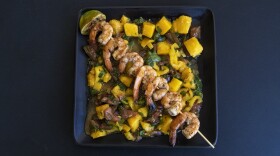 Mango salsa with grilled shrimp (Jesse Costa/WBUR)